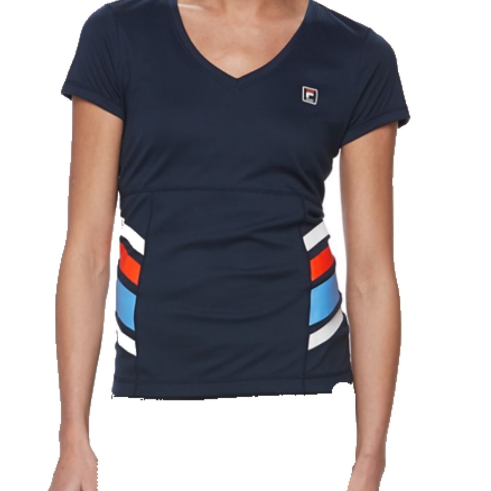 FILA Sport Navy Athletic Striped v neck tee in midnight bliss NWT Size M